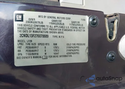 2007 Chevrolet Equinox Ls из США, поврежденный, VIN 2CNDL13F276070689